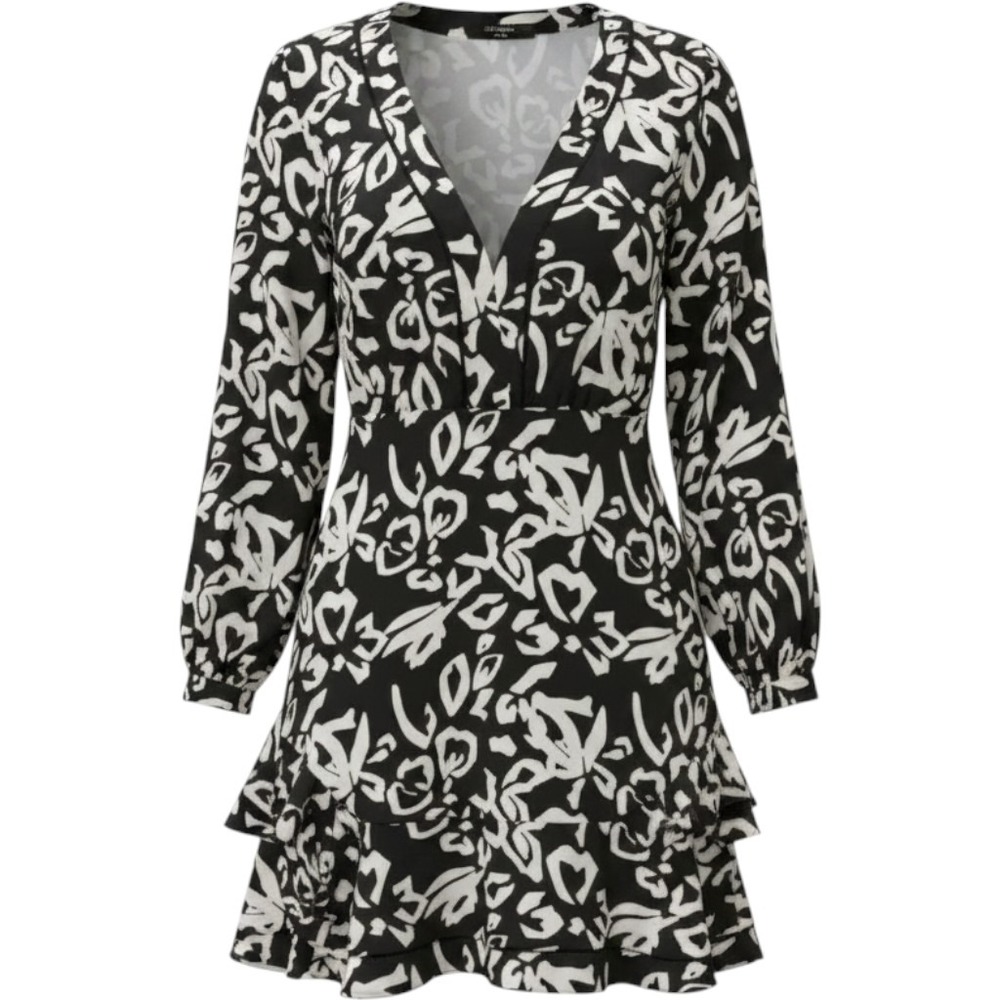 Tanya Taylor Black and White Silk Abstract‎ Print V-Neck Mini Dress Size 10